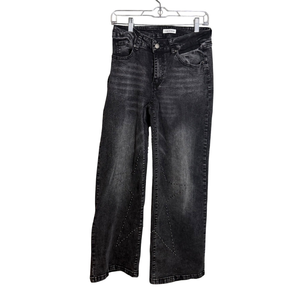 Fire & Rain Womens Studded‎ Star Wide Leg Jeans Acid Wash Black Grey Size 11